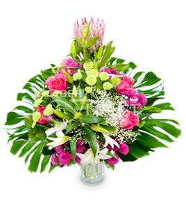 arrangement of lilies chrysanthemums and roses